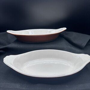 Oval Au Gratin Dishes Hall Pottery USA #528 Brown Shell Handle 9.5″ Vtg Set of 2